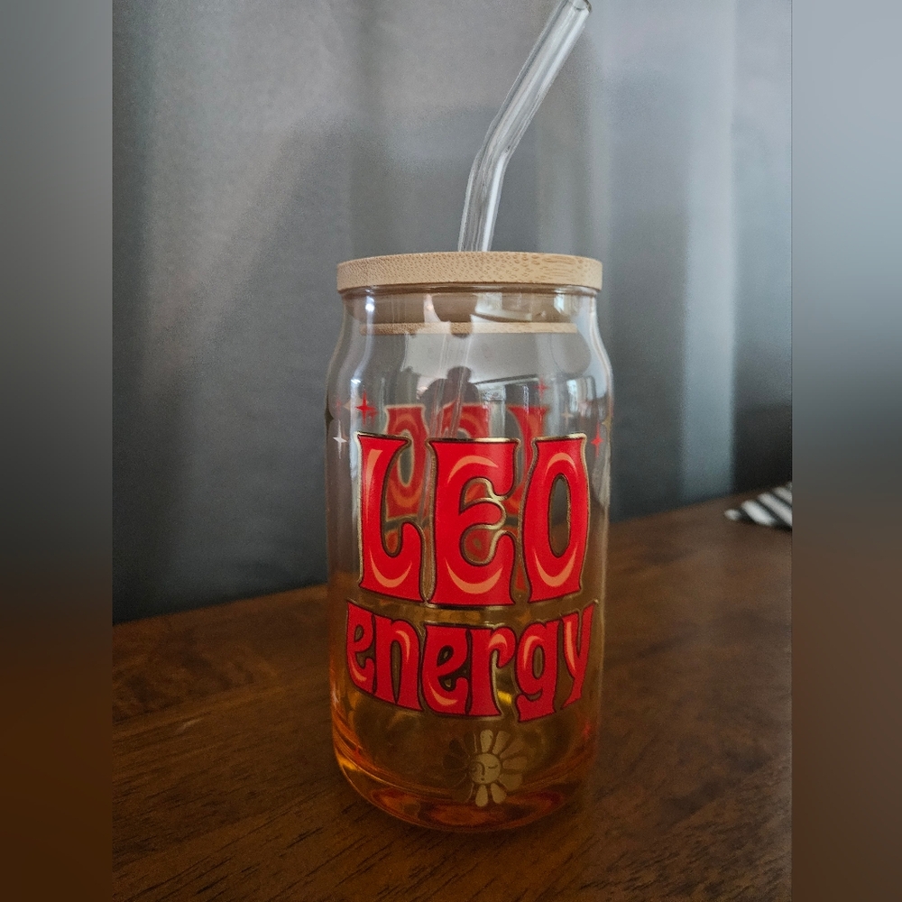 Leo Energy Glass Tumbler With Straw